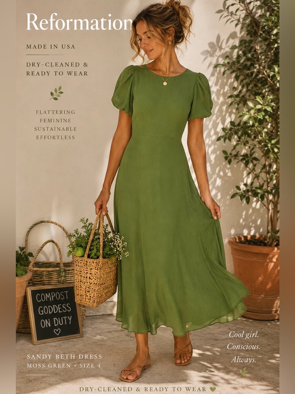 Reformation Sandy Beth Moss Green Puff Sleeve Midi Dress,USA,Dry-Cleaned! Size 4